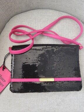 Juicy Couture Black Sequin Crossbody with Hot Pink Trim and Strap
